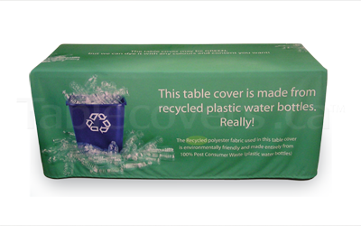 Custom printed 6 foot table cover with logo using 100% recycled water bottle fabric