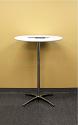 White 30 inch Round Table Topper Cap with Black Logo on a “Cruiser 3042” cocktail table