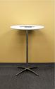 White 30 inch Round Table Topper Cap with Black Logo on a “Cruiser 3042” cocktail table