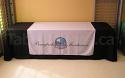 This 60 inch x 60 inch size custom printed table runner looks great on an 8' table (plain black drape table cover is extra)