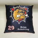 Style 201: entire front panel permanently dyed with full colour team logo, individual player number and player name. The back side of this cushion uses a coordinating plain stock colour atomic red fabric.