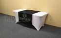 This 36 inch x 60 inch custom logo table runner looks great on a 6 foot spandex covered table