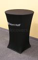Stretch Fit spandex 30 inch diameter high boy cocktail table cover with custom printed logo and graphics all over the entire front panel of the cover