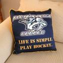 Style 101: entire front panel permanently dyed with full colour team logo and text slogan. The back side of this cushion uses a coordinating plain stock colour cognac yellow fabric.