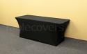 This plain unprinted 6' black fire resistant economy spandex stretch table cover is ideal for economical yet stylish table covering applications