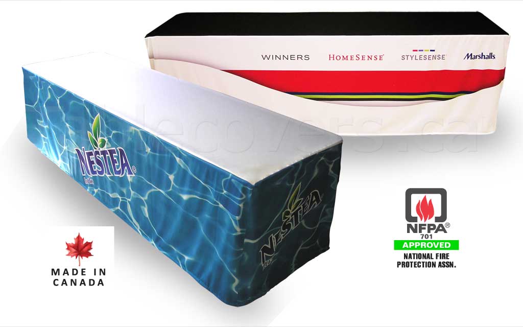 Custom 8 foot fitted style tradeshow logo table cover with entire front & sides custom printed (any colours & coverage), with open or (optional) closed back
