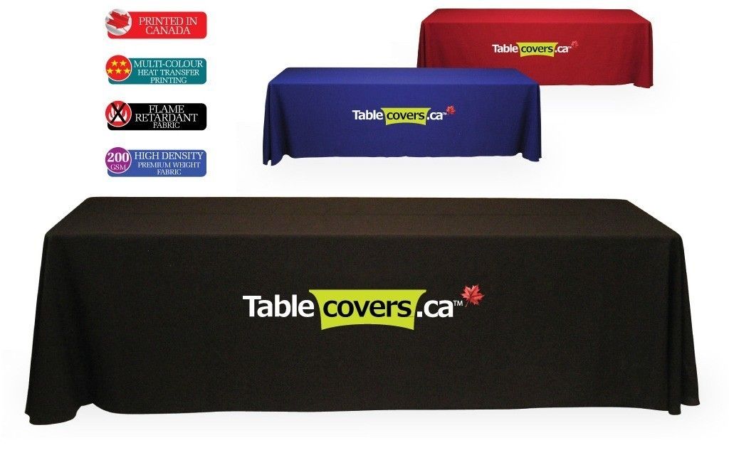 These effective table cloths use black, royal blue or red fabric with your logo printed in white and/or Pantone or multi-colours