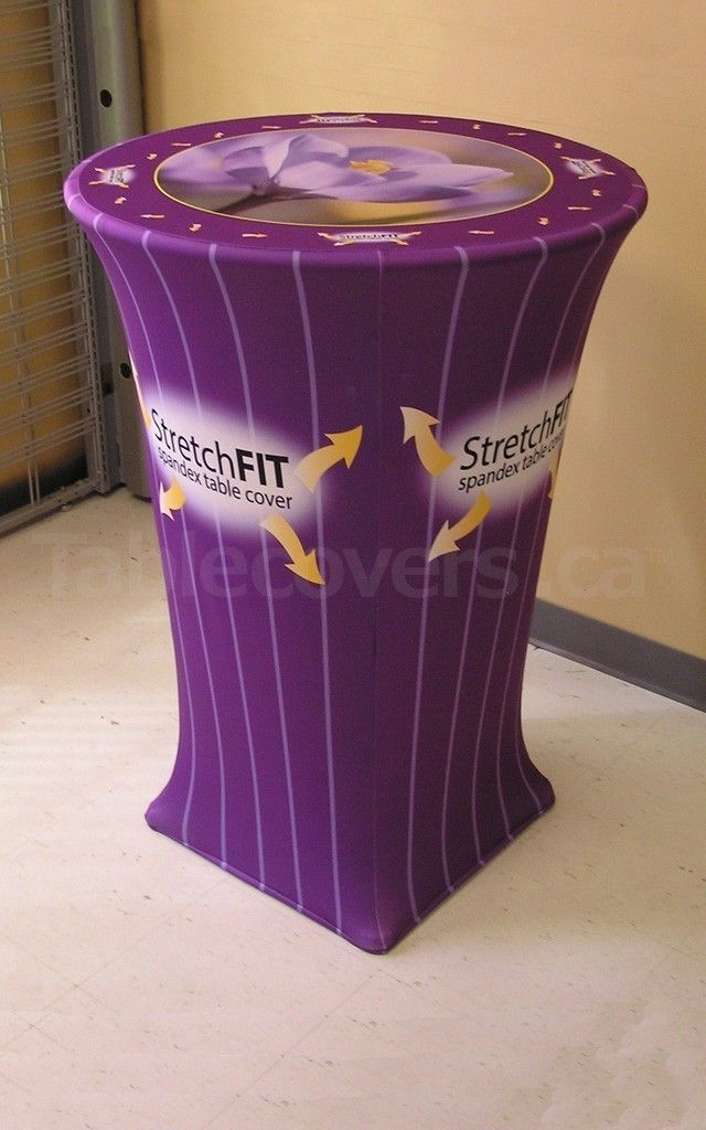 Stretch Fit spandex 30 inch diameter high boy cocktail table cover with custom printed logo and graphics all over the entire cover