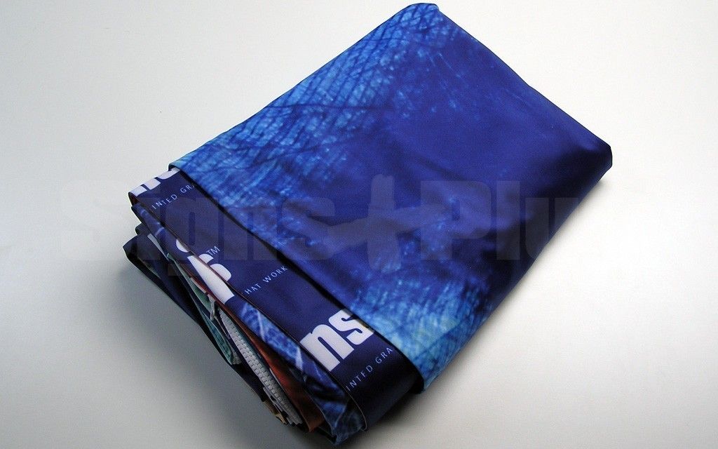 The dye sublimation custom printed spandex polyester fabric graphic folds to an incredibly compact size and weighs just 7.8 lbs
