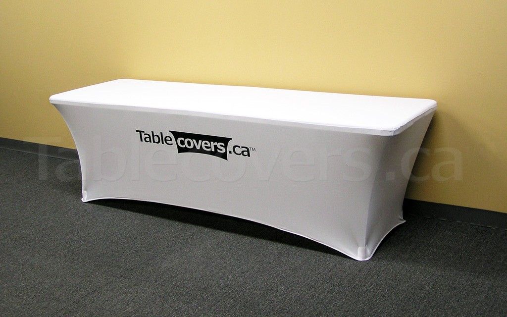 This 8 ft white fire resistant economy spandex stretch table cover displays a simple 1 colour black logo print on the front for an economical yet stylish table display