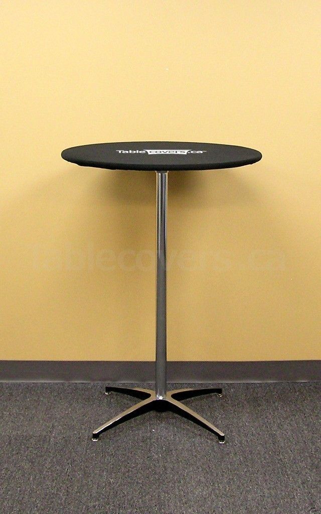 Black 30 inch Round Table Topper Cap with White Logo on a “Cruiser 3042” cocktail table