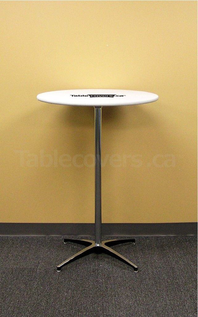White 30 inch Round Table Topper Cap with Black Logo on a “Cruiser 3042” cocktail table