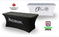 6 foot black or white basic spandex table cover with 1 colour (white or black) custom printed HTV logo