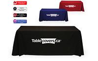6 foot basic drape table throw (black, royal blue or red fabric) with white heat transfer logo 6 foot basic drape table throw (black, royal blue or red fabric) with white heat transfer logo