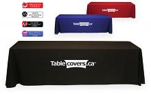 8 Foot Basic White (heat transfer) logo Printed Table Throw (black, royal blue or red fabric), drape style, closed back 8 Foot Basic White (heat transfer) logo Printed Table Throw (black, royal blue or red fabric), drape style, closed back