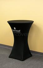 Black 30" diameter Round Economy Custom Printed Spandex Cocktail Table Cover with White (heat transfer) Logo