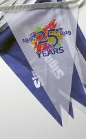Custom Printed Fabric Bunting Pennants, 8" w x 12" h, 10 metre string of 24 Custom Printed Fabric Bunting Pennants, 8" w x 12" h, 10 metre string of 24