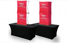 “Velocé Image 1x2” 2.5 ft (29.75"w x 58"h) Straight Basic Pop Up Tension Fabric Table Top Display - Complete Kit (frame hardware with printed fabric graphic)   “Velocé Image 1x2” 2.5 ft (29.75"w x 58"h) Straight Basic Pop Up Tension Fabric Table Top Display - Complete Kit (frame hardware with printed fabric graphic)