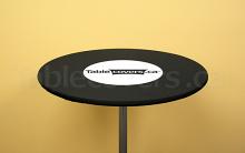 Black 30" Round Economy Spandex Cocktail Table Topper Cap with White (heat transfer) Printed Logo